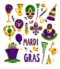 Wall Mural - Featured here are mardi gras carnival set icons, design elements, flat styles, masks with feathers, beads, jokers, fleur de lis, comedy and tragedy, and party decorations.