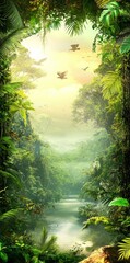 Wall Mural - A tropical summer paradise scene with a river, ocean, sea, leaves, and plants. Flowers and birds are included.