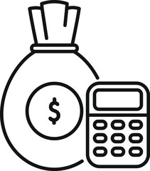 Poster - line art vector icon of a money bag and a calculator representing the concept of budget planning