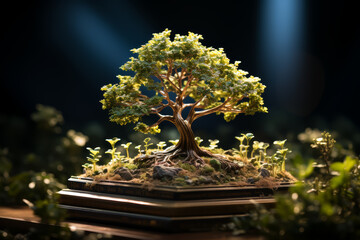 Poster - a tree growing from a book. concept of knowledge and growth. generative ai.