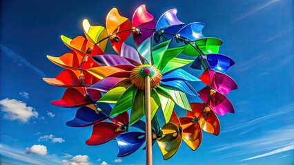 Vibrant, colorful whirligig decoration spinning rapidly in the wind, its intricate metal blades and central axis creating a mesmerizing kinetic sculpture against a clear blue sky.