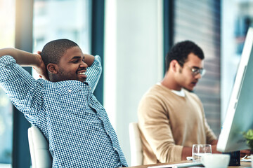 Aufkleber - Business people, relax and man at desk, computer and completed assignment in office. Employees, consultant and copywriting with pc, hands behind head and comfort with kpi target and achievement