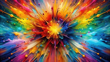 Vibrant colors explode in a dynamic abstract composition, with splattered paint flecks radiating outward from a central point, conveying energy and creative spontaneity.