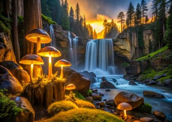 vernal fall in the evening, surrounded by towering, glowing mushrooms, their caps aglow with an soft