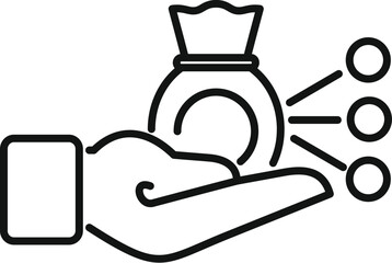 Poster - line art vector icon of a hand holding a money bag with increasing coins, representing a successful 