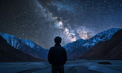 Wall Mural - man stargazing at the milky way in mountainous landscape with ai generated.