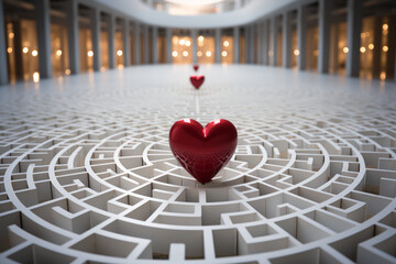 Poster - A maze with a heart at the center. Concept of finding love through challenges. Generative Ai.