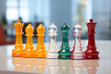 Poster - A chessboard with pieces of diverse sizes and shapes. Concept of diversity and strategy. Generative Ai.