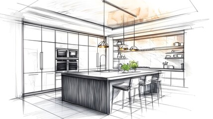 hand sketch of kitchen interior with sleek, modern furniture using black ink on a white background