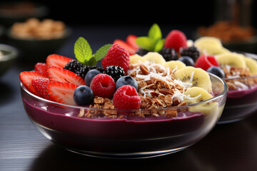 Wall Mural - Acai bowls topped with fresh fruit, granola, and honey, a refreshing and nourishing snack choice. Concept of exotic indulgence. Generative Ai.