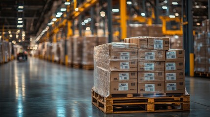 a pallet loaded with different sized packages, each marked with diverse destinations, set against a 