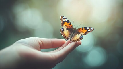 Canvas Print - A Hand Gently Holding a Vibrant Orange and Black Butterfly