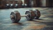 © At My Hat - A close-up of a single dumbbell on the gym floor. This image is ideal for fitness, health, and workout content.