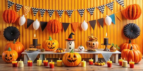 Vintage-inspired Halloween party decorations illustration in bold lines and bright colors with playful concept