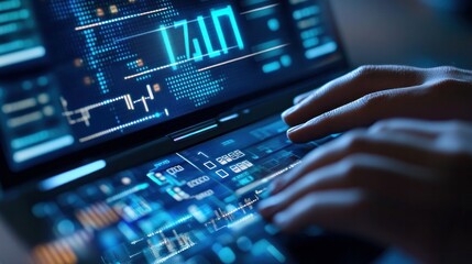 Concept of online banking, internet bank, and financial services diagram displayed on virtual screens in contrast to human hands using a keyboard