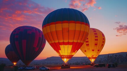 In Cappadocia, Turkey, vibrant hot air balloons preparing for takeoff early in the morning