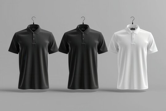 3D rendering of men s polos in black and white isolated on background Mockup for design presentation and online store advertising Everyday apparel set front view