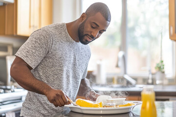 African American man standing at kitchen table preparing breakfast putting dishes on lap tray.