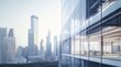 © 为轩 张 - Panoramic view of a modern office building with glass walls and contemporary architecture against a cityscape, featuring clear skies and soft lighting for a futuristic feel.