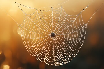 A spider web adorned with dew drops, glistening in the morning sun.