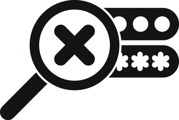 Poster - Black and white vector illustration of a magnifying glass showing an incorrect password symbol, indicating potential security risks