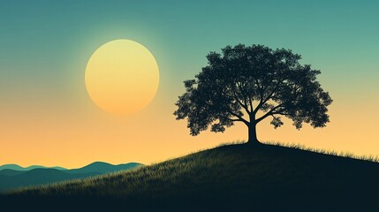 Canvas Print - Vector of a single tree on a hill with a small sun or moon in the background emphasizing solitude and peace