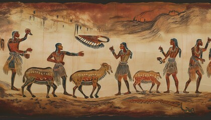 Wall Mural - A digital illustration mimicking ancient cave art style, featuring simple, stylized figures 