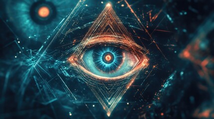 Fototapete - Abstract depiction of Illuminati symbols intertwined with technology, reflecting modern interpretations of ancient mysteries.