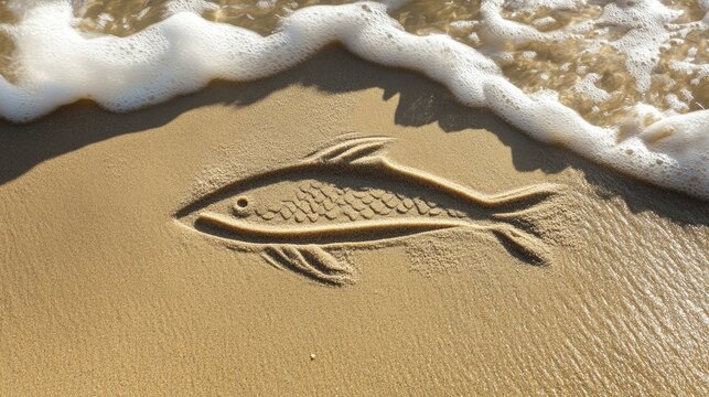 Christian fish symbol etched in sand, with waves gently washing over, symbolizing faith in a natural setting.