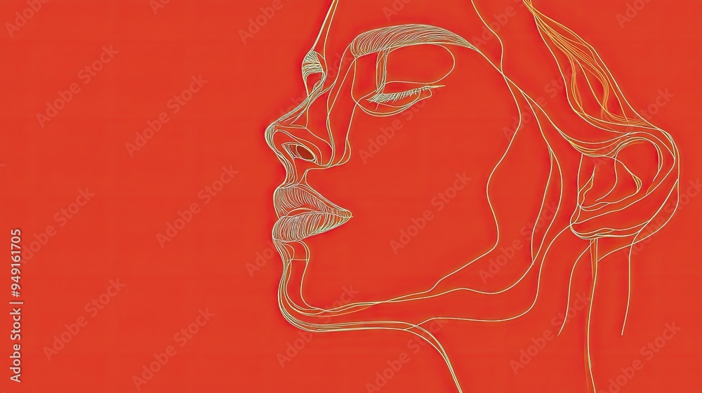 Line art of a human face on a solid color background, focusing on the ...