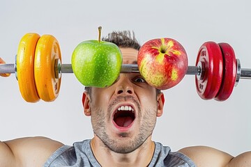 Poster - A person exercising with a unique accessory, featuring apples and oranges on their head