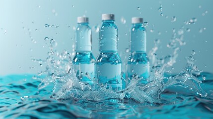 Poster - Blue liquid splash from water bottles on a surface