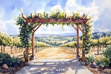 Model - Watercolor illustration of a vineyard seen through a wooden pergola, with a panoramic view of lush green vines and distant rolling hills under a bright, partly cloudy sky.