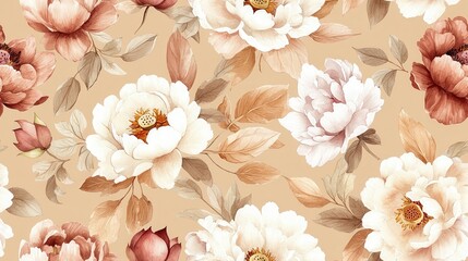 Wall Mural - Elegant floral pattern featuring soft peonies in warm tones, perfect for backgrounds, textiles, or decorative designs.