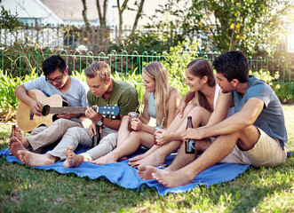 Sticker - Guitar, friends and park with music, picnic and outdoor together for summer party with drinks. Diversity, bonding and weekend gathering with happy people and listening to song with group in backyard