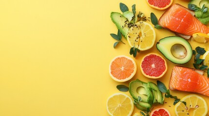 Poster - Enjoy a vibrant breakfast featuring fresh avocado toast, salmon, and an assortment of citrus fruits on a cheerful yellow backdrop. Generative AI