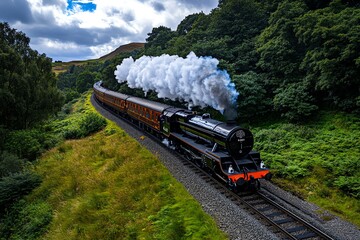 Poster - Steam train navigating a sharp curve, captured in a photo where the trainâ€™s length is visible as it bends around a tight corner, showing its power and agility