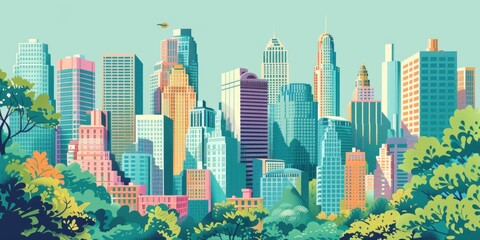 Aufkleber - Urban landscape with tall buildings and greenery