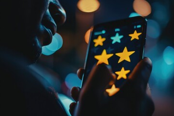 Poster - A person holding a cell phone with 5-star ratings, often used for online reviews or ratings