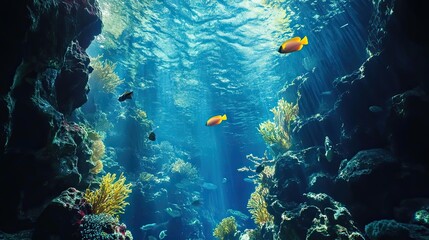 Wall Mural - Sunbeams Illuminating Underwater Coral Reef with Fish