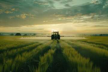 Poster - Agricultural scene with tractor spraying wheat field at sunset