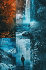 Sticker - A person standing near the edge of a waterfall, looking out at the scenery