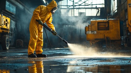 Worker in full protective gear using a high-pressure washer, powerful water jets blasting greasy residue from a concrete garage floor, dramatic splashes