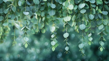 Poster - A natural scene with lush green leaves hanging from a tree branch, perfect for use in environmental or nature-themed designs