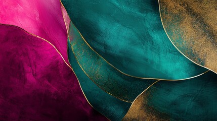 Poster - Abstract Teal Pink Gold Swirls with Gold Accents