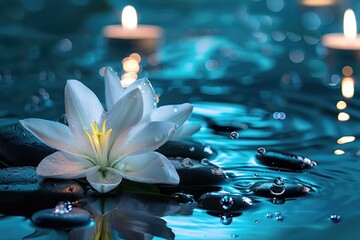 Aufkleber - A single white flower sits atop the surface of calm water
