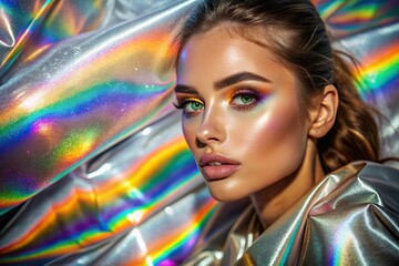 Hologram fashion concept. Neon model girl. Woman in foil dress. Holographic color texture. Green, pink, purple, blue, yellow abstract background.