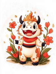 Poster - Cute Cartoon Dragon with Flowers