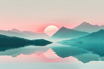 Poster - A serene landscape with the sun setting behind a mountain range