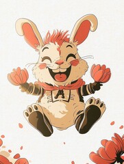 Poster - Happy Bunny Illustration with Red Flowers